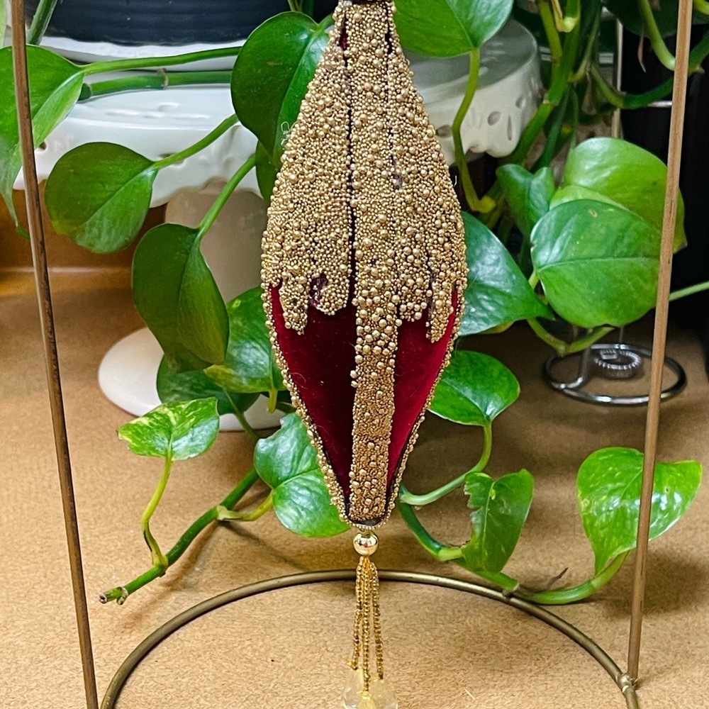 Christmas Teardrop Fabric gold beaded vintage Ornament.